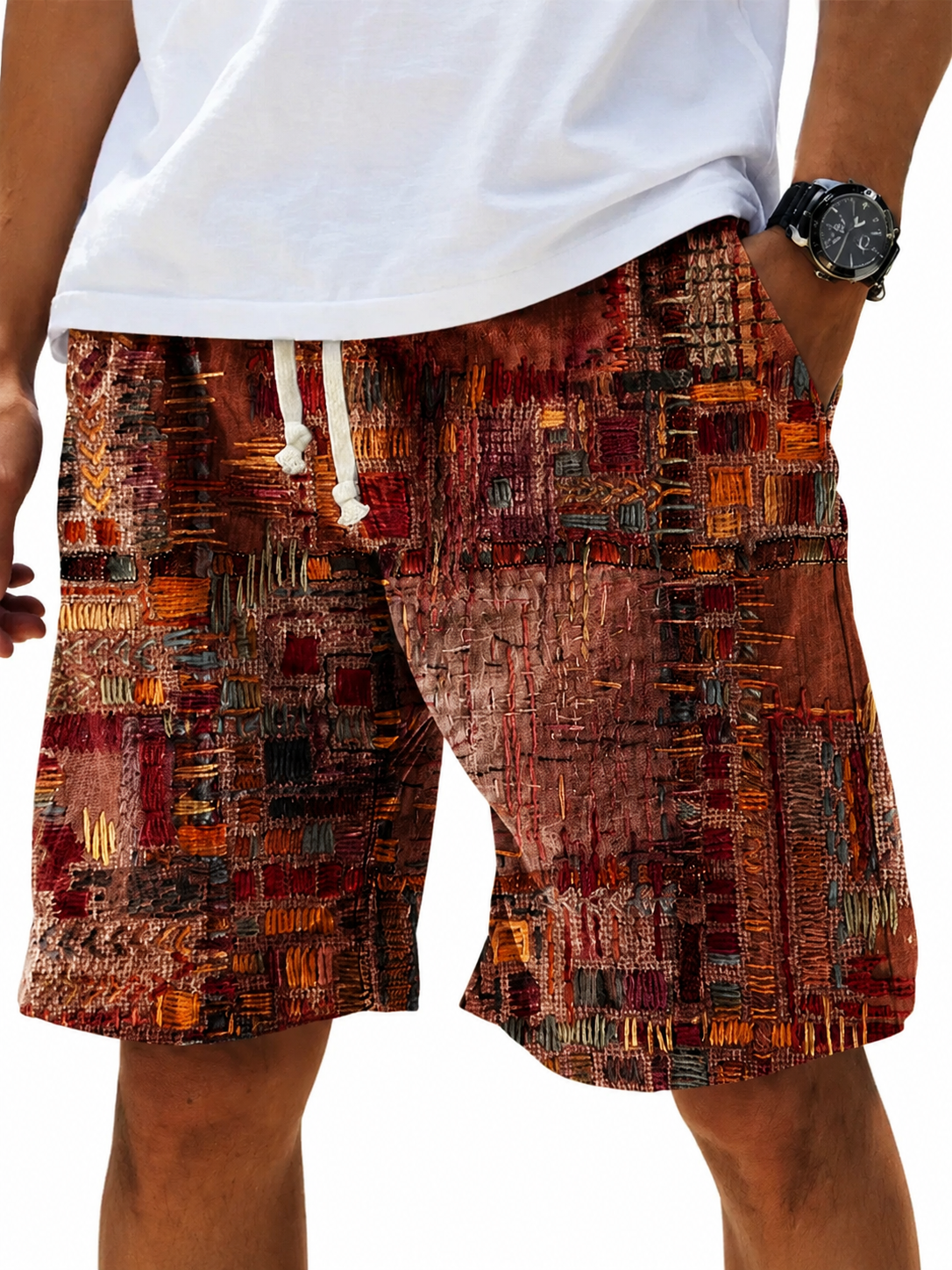 Men's Vintage Purple Patchwork Ethnic Art Print Cotton And Linen Beach Shorts
