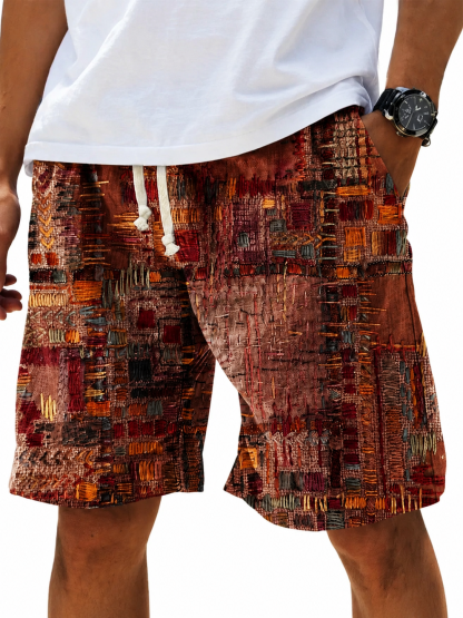 Men's Vintage Purple Patchwork Ethnic Art Print Cotton And Linen Beach Shorts