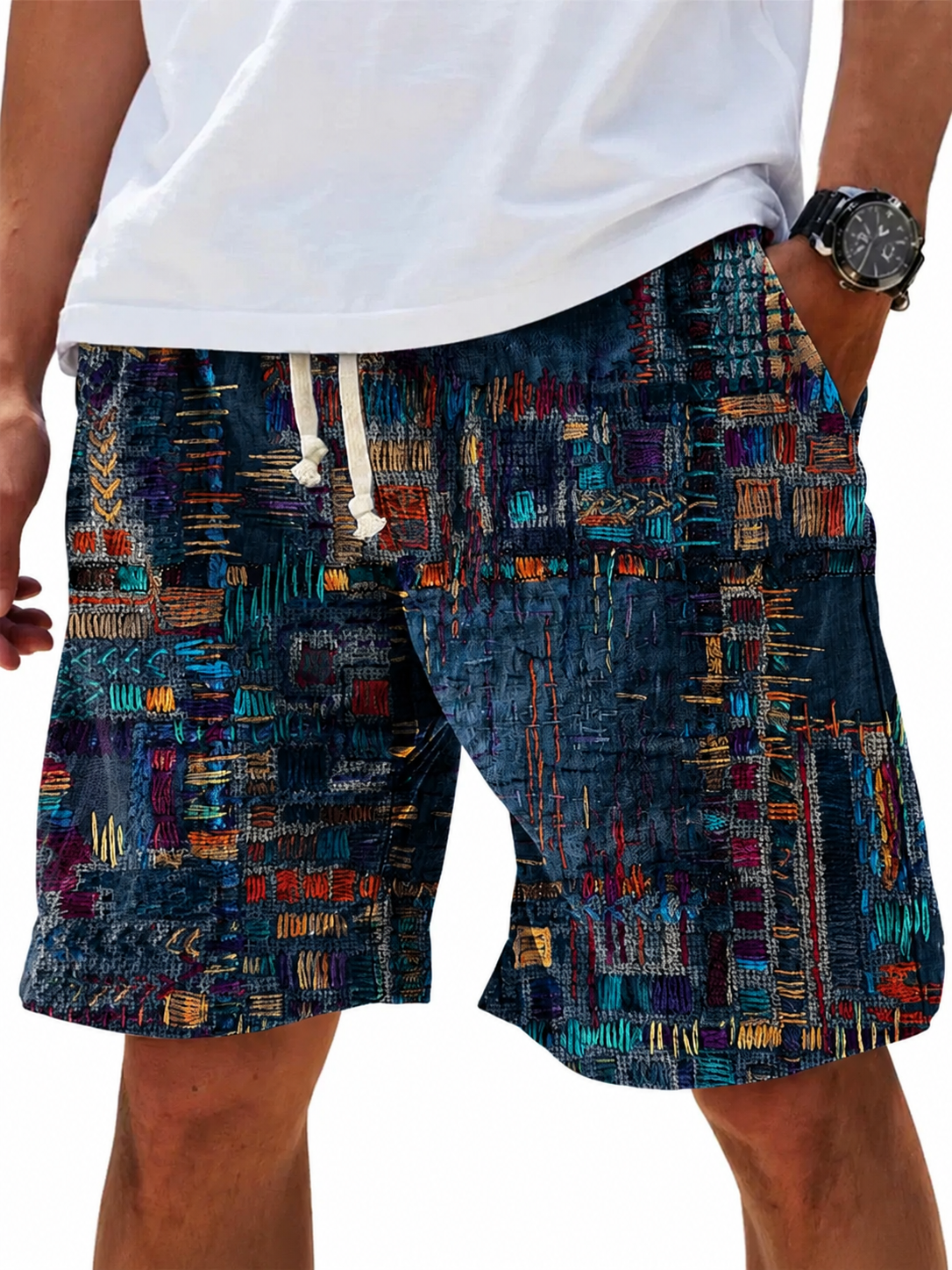 Men's Vintage Purple Patchwork Ethnic Art Print Cotton And Linen Beach Shorts