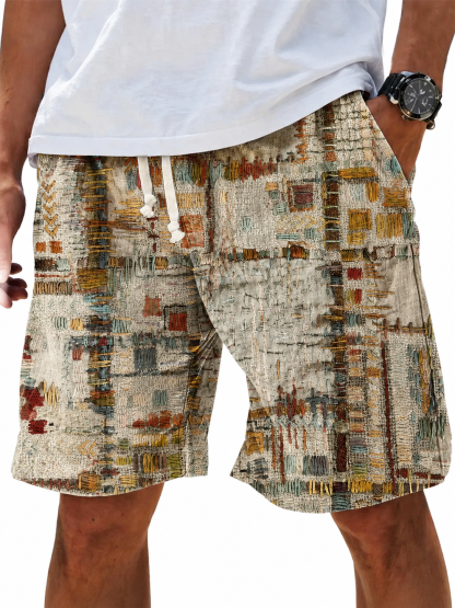 Men's Vintage Purple Patchwork Ethnic Art Print Cotton And Linen Beach Shorts