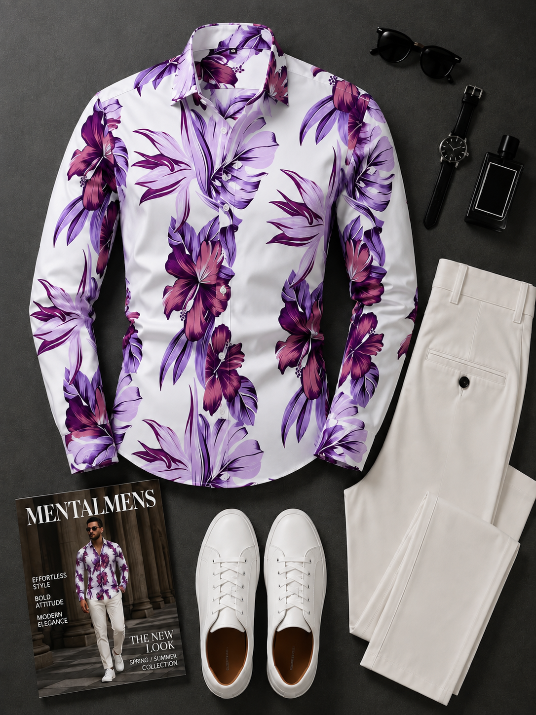 Men's White Purple Floral Printed Long Sleeves Shirt & White Chinos Pants Two‑Piece Set