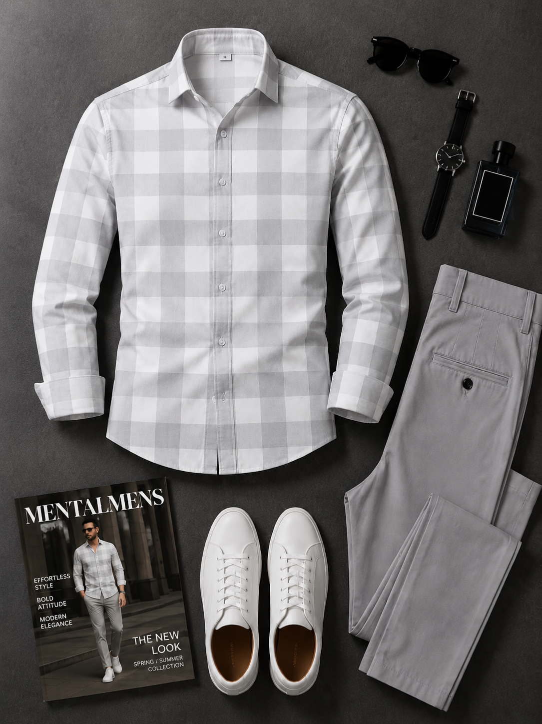 Men's Grey Plaid Long Sleeves Shirt & Grey Chinos Pants Two‑Piece Set