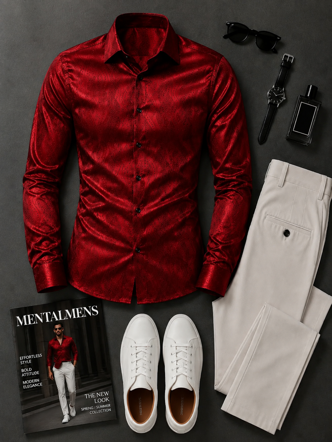 Men's Red Paisley Pattern Long Sleeves Shirt & Beige Chinos Pants Two‑Piece Set