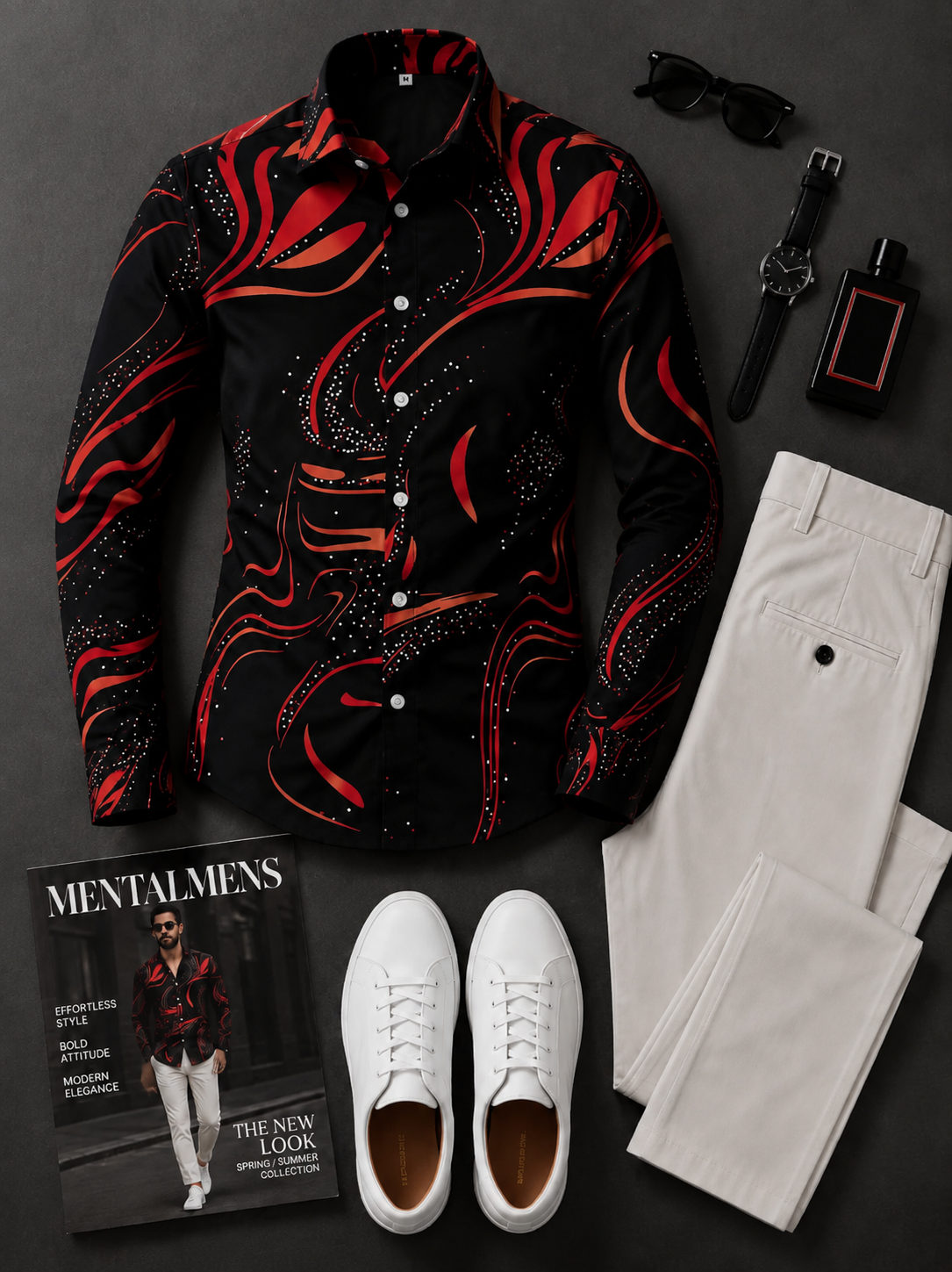 Men's Black‑Red Abstract Print Long Sleeves Shirt & Beige Chinos Pants Two‑Piece Set