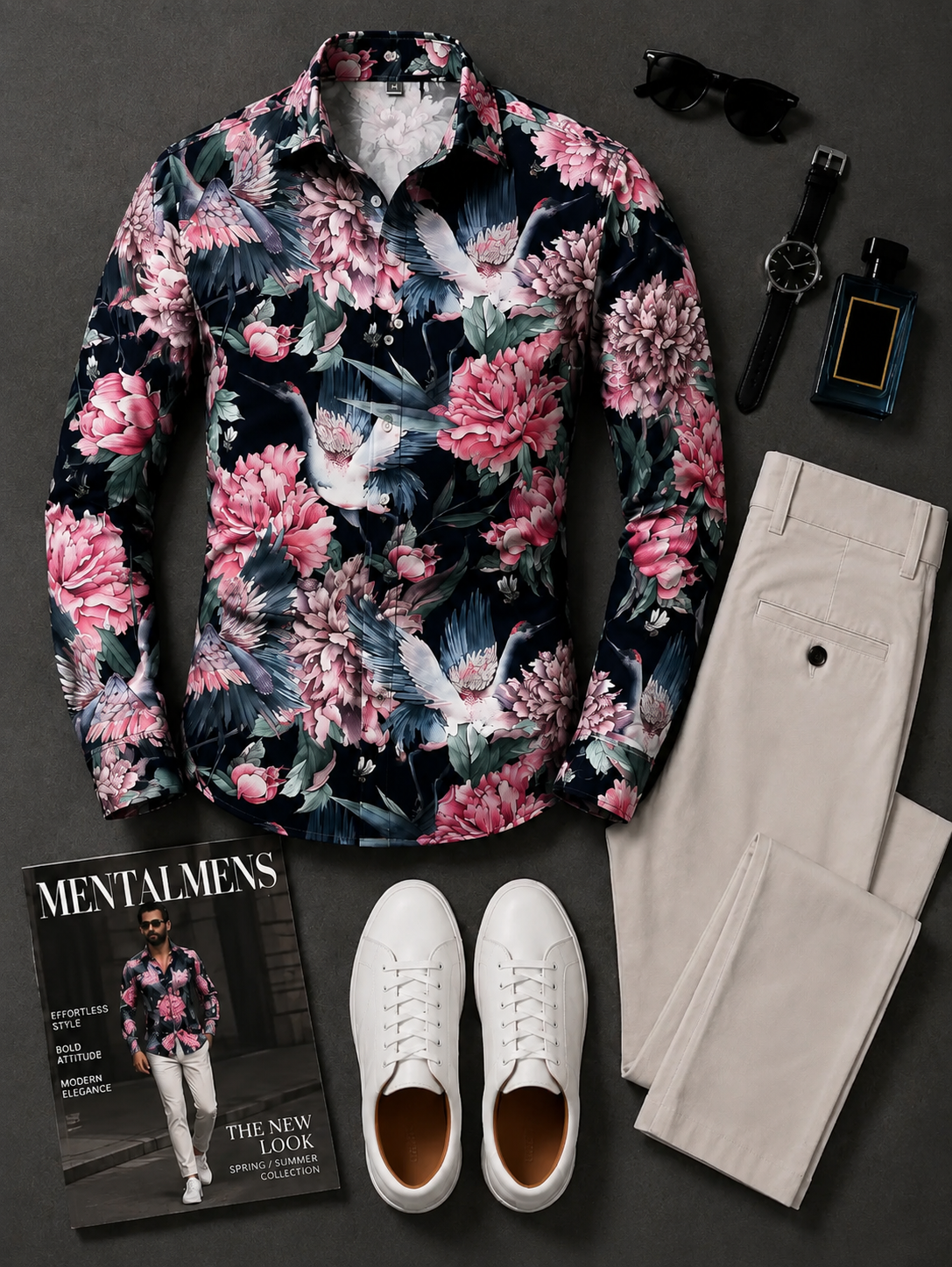 Men's Floral Crane Print Long Sleeves Shirt & Beige Chinos Pants Two‑Piece Set