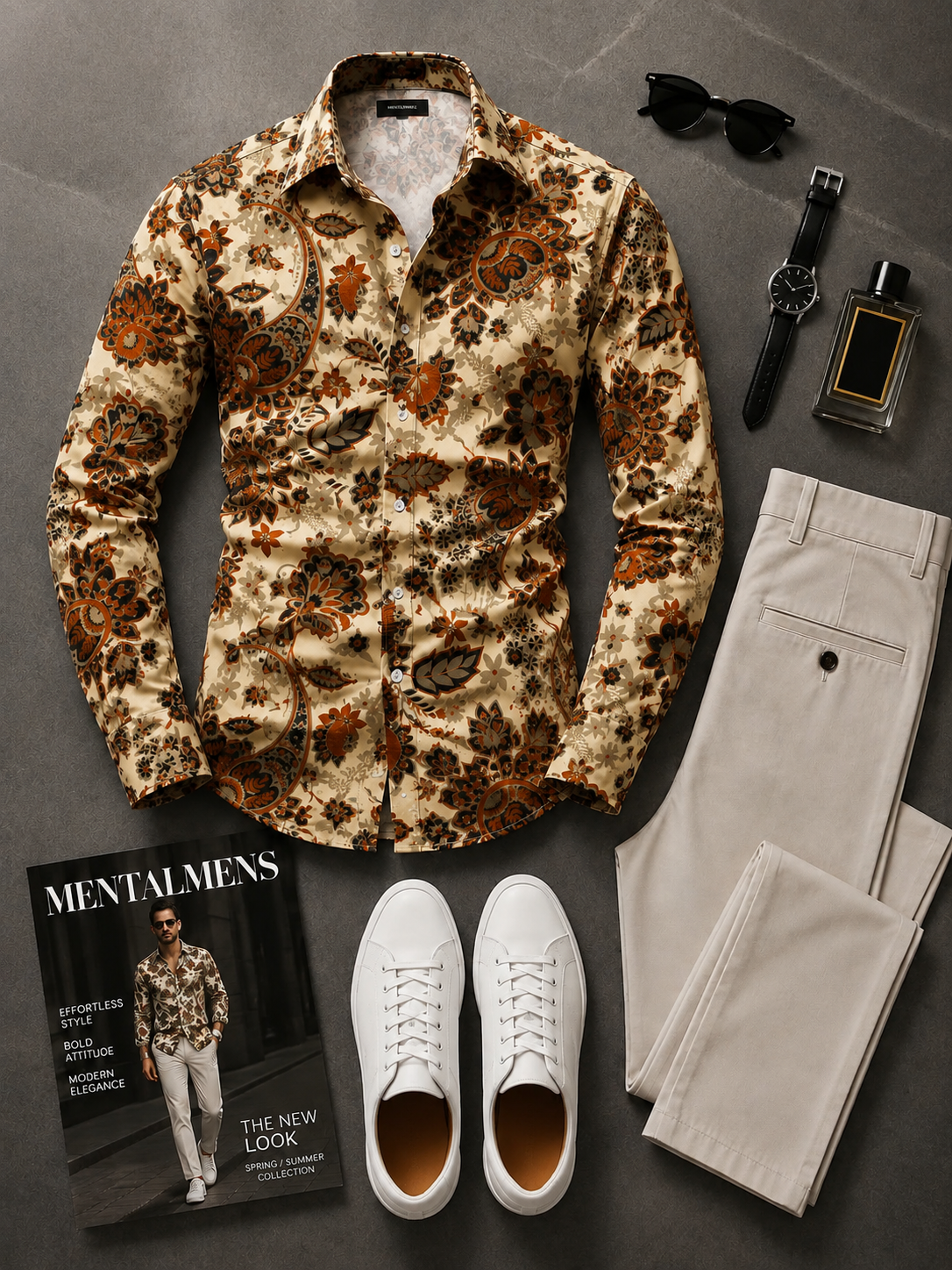 Men's Vintage Paisley Floral Long Sleeves Shirt & Beige Chinos Pants Two‑Piece Set