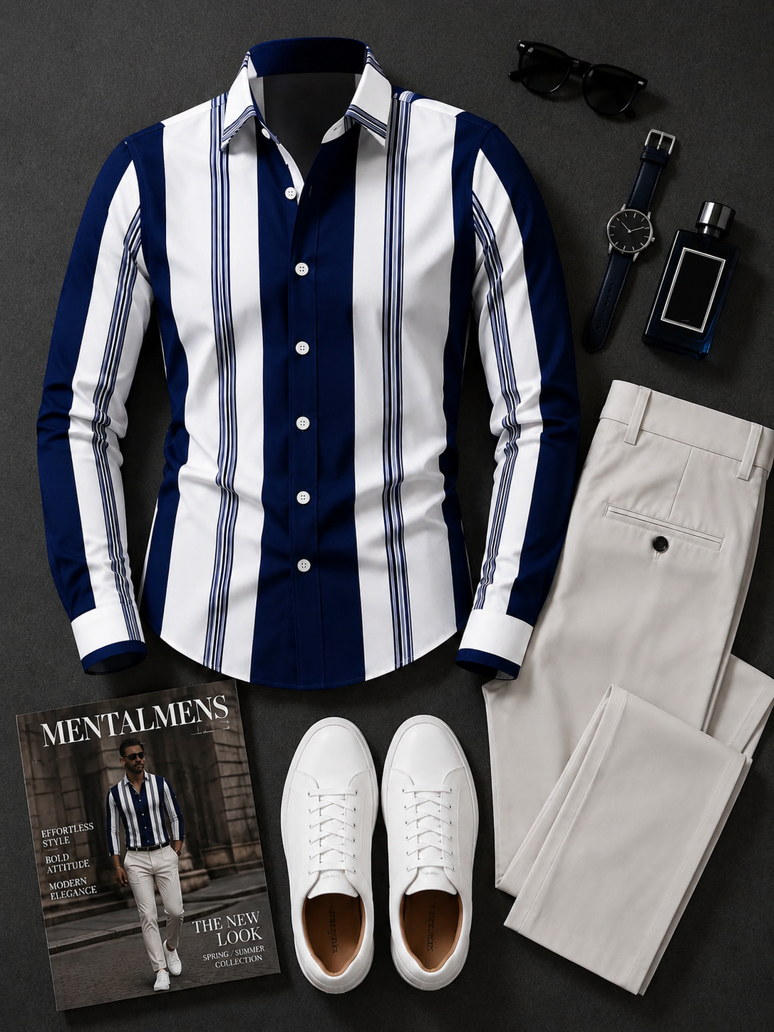 Men's Navy White Striped Long Sleeves Shirt & Beige Chinos Pants Two‑Piece Set