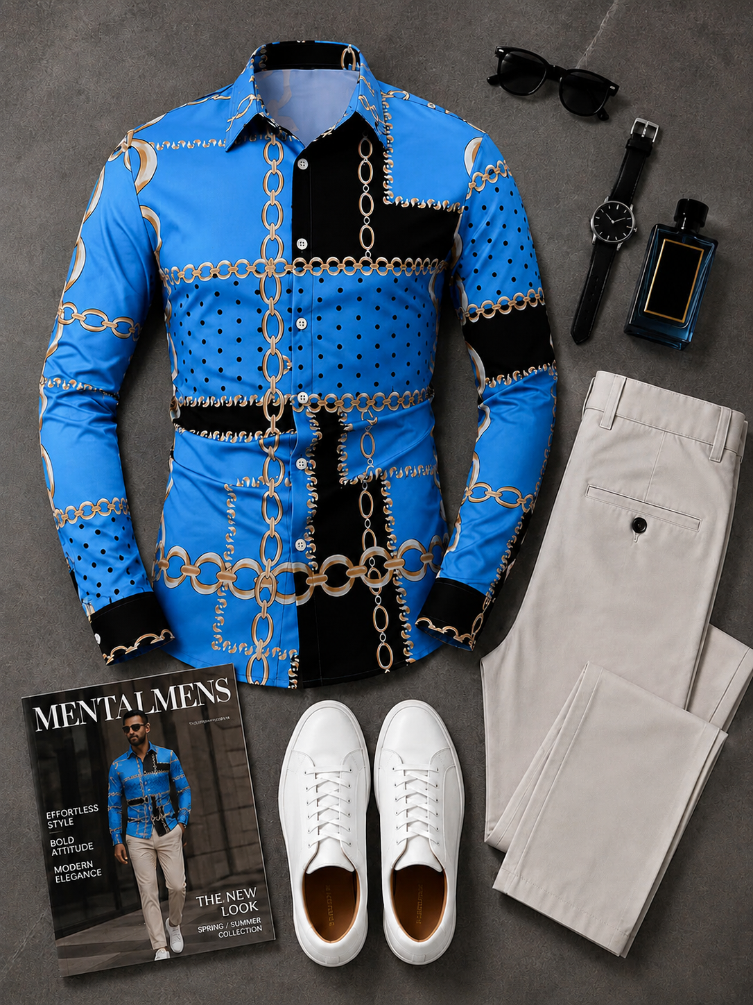 Men's Blue Chain Print Long Sleeves Shirt & Beige Chinos Pants Two‑Piece Set