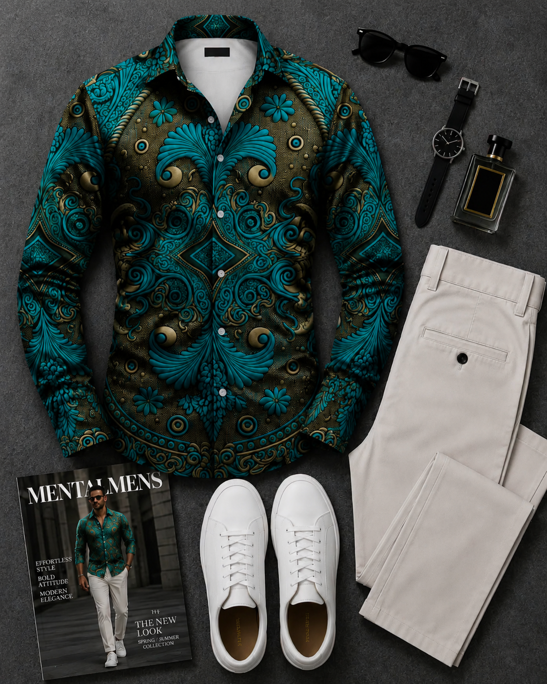 Men's Teal Vintage Ornate Long Sleeves Shirt & Beige Chinos Pants Two‑Piece Set