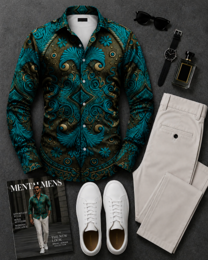 Men's Teal Vintage Ornate Long Sleeves Shirt & Beige Chinos Pants Two‑Piece Set