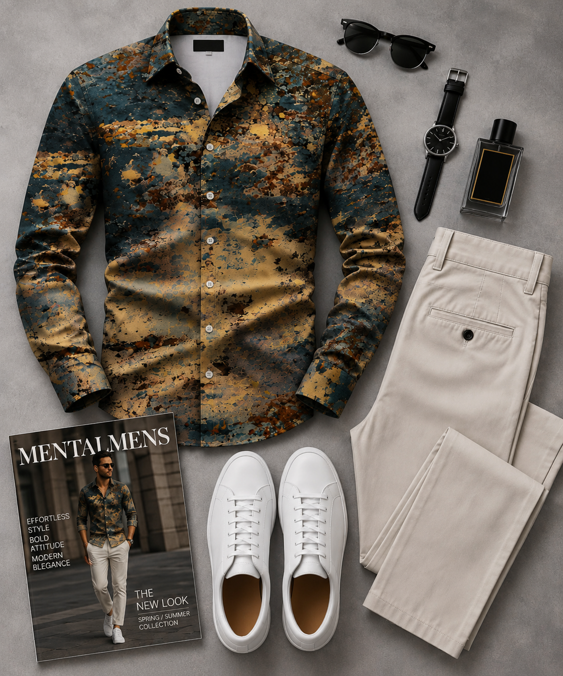 Men's Retro Abstract Camo Long Sleeves Shirt & Beige Chinos Pants Two‑Piece Set
