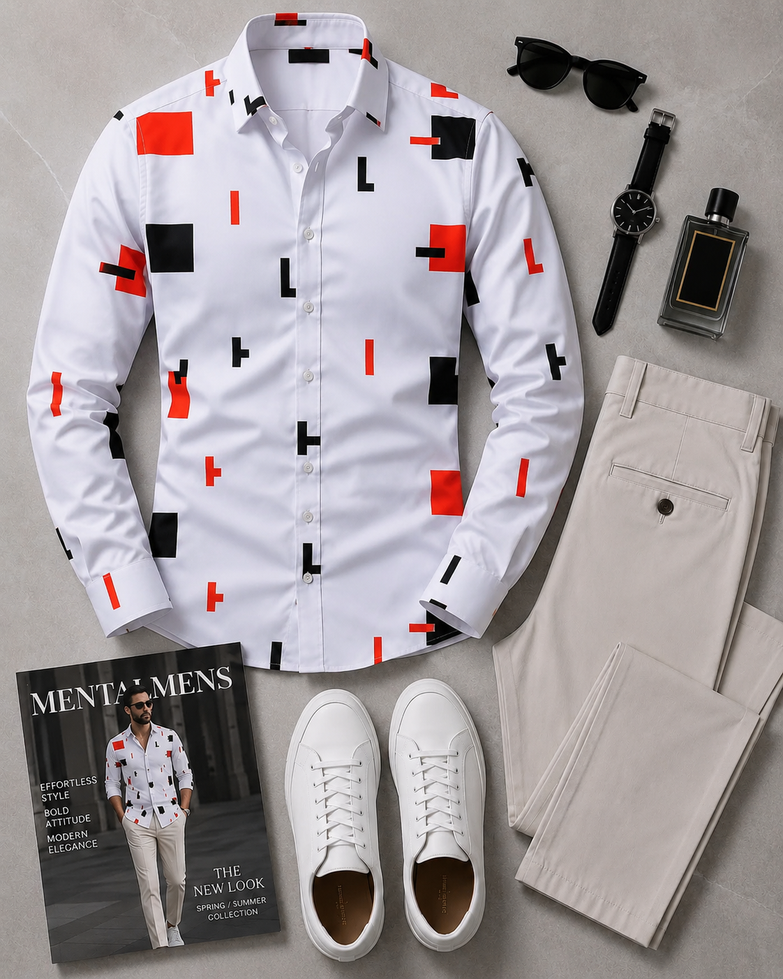 Men's Geometric Block Print Long Sleeves Shirt & Beige Chinos Pants Two‑Piece Set