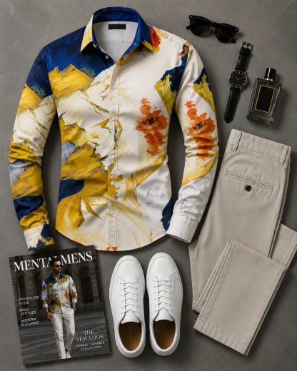 Men's Oil Painting Floral Long Sleeves Shirt & Beige Chinos Pants Two‑Piece Set
