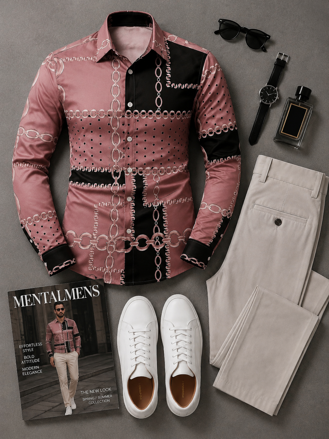 Men's Pink Chain Print Long Sleeves Shirt & Beige Chinos Pants Two‑Piece Set