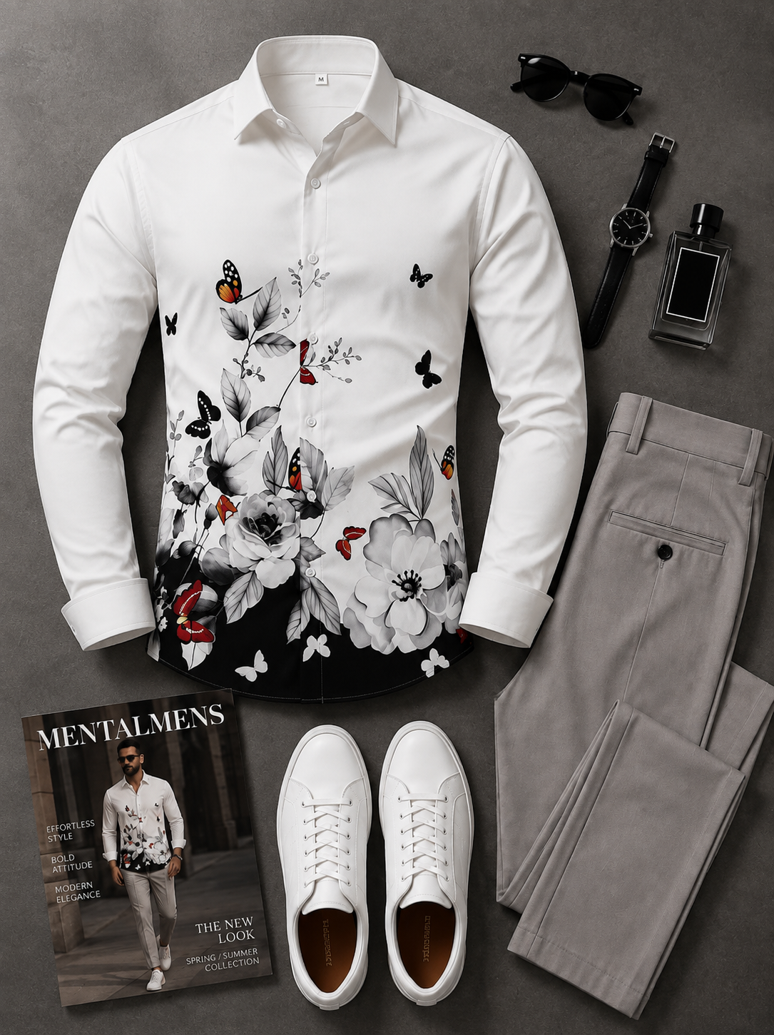 Men's Butterfly Floral Long Sleeves Shirt & Grey Chinos Pants Two‑Piece Set