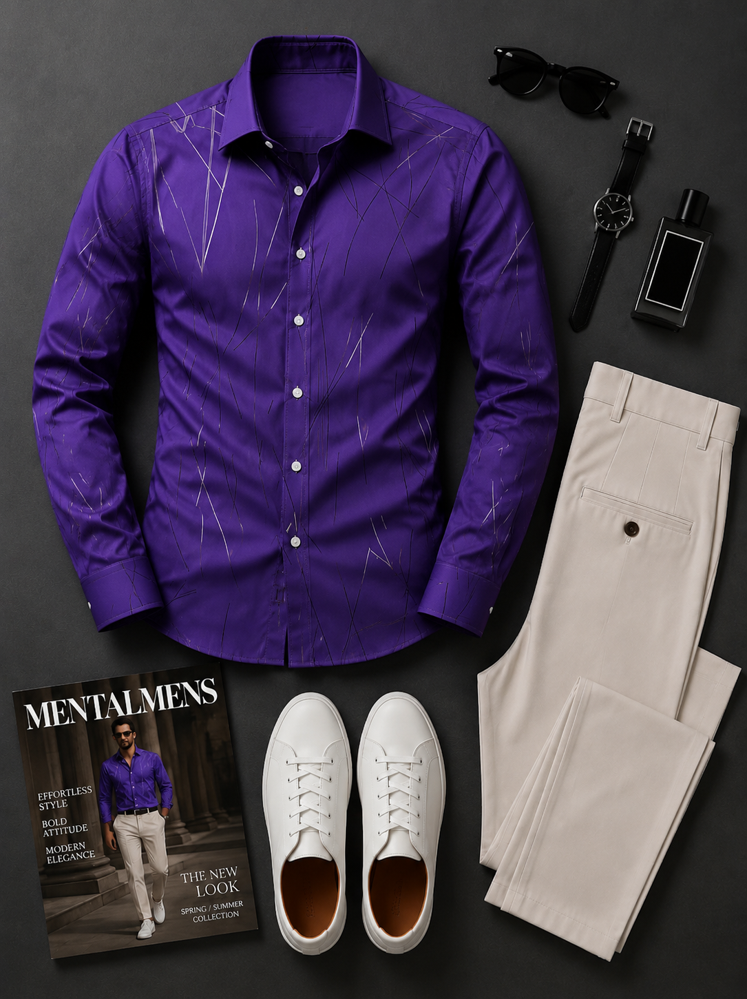 Men's Purple Metallic Line Long Sleeves Shirt & Beige Chinos Pants Two‑Piece Set