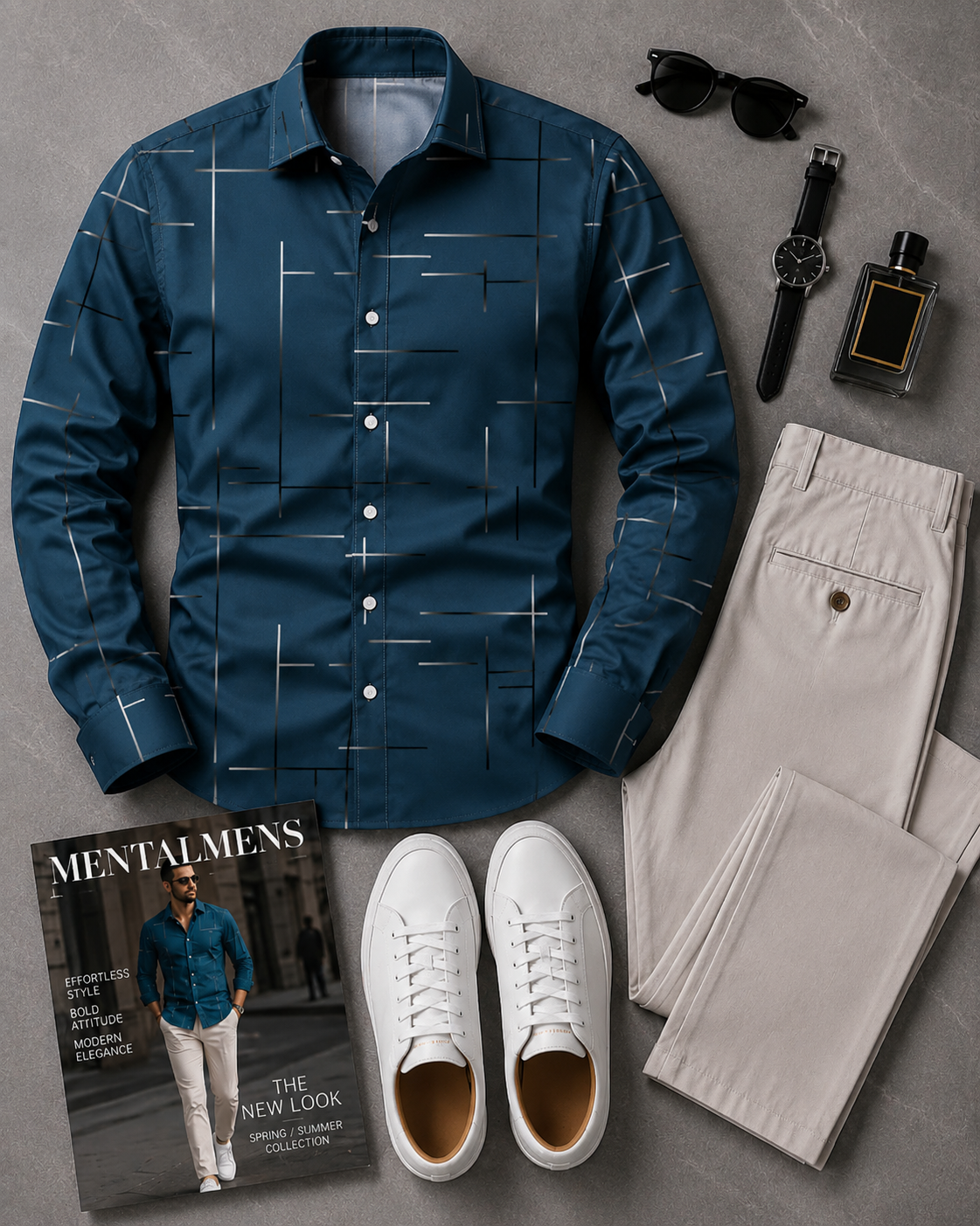 Men's Dark Blue Geometric Line Long Sleeves Shirt & Beige Chinos Pants Two‑Piece Set