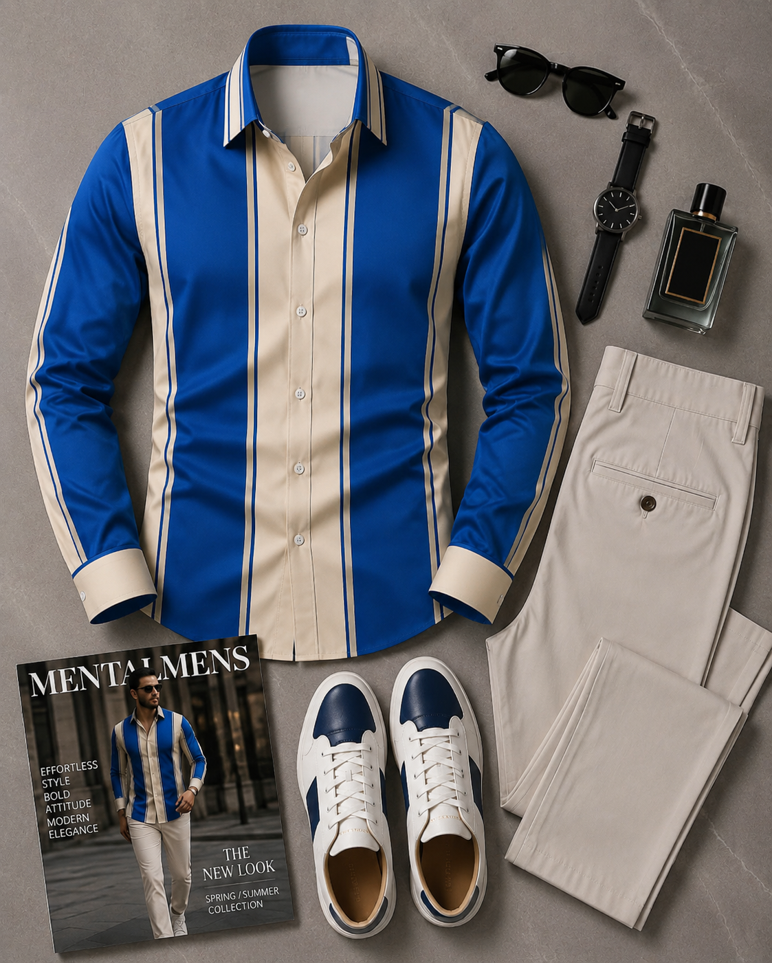[Copy]Men's Dark Blue Geometric Line Long Sleeves Shirt & Beige Chinos Pants Two‑Piece Set