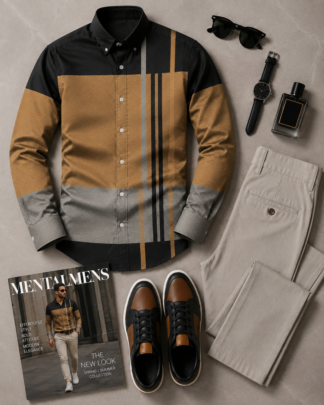 Men's Black Brown Color Block Long Sleeves Shirt & Beige Chinos Pants Two‑Piece Set