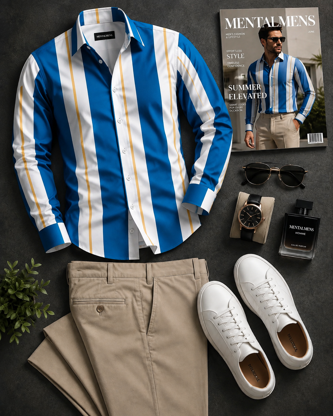 Men's Blue White Gold Stripe Long Sleeves Shirt & Khaki Chinos Pants Two‑Piece Set