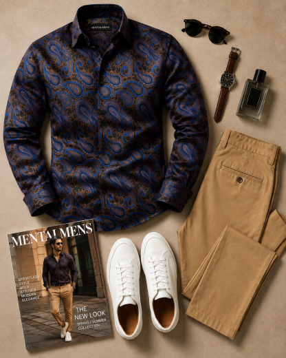 Men's Paisley Print Long Sleeves Shirt & Khaki Chinos Pants Two‑Piece Set
