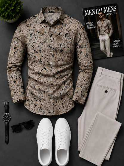 Men's Beige‑Black Paisley Long Sleeves Shirt & Off‑White Chinos Pants Two‑Piece Set