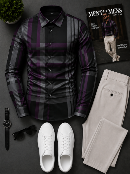 Men's Purple‑Black Plaid Long Sleeves Shirt & Off‑White Chinos Pants Two‑Piece Set