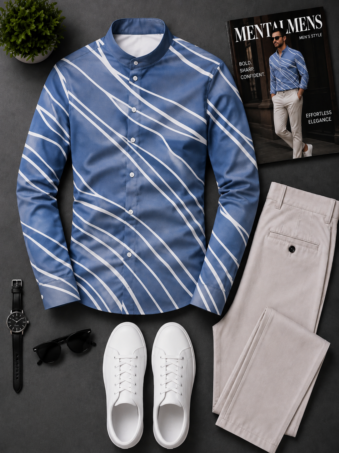 Men's Blue White Striped Long Sleeves Shirt & Off‑White Chinos Pants Two‑Piece Set