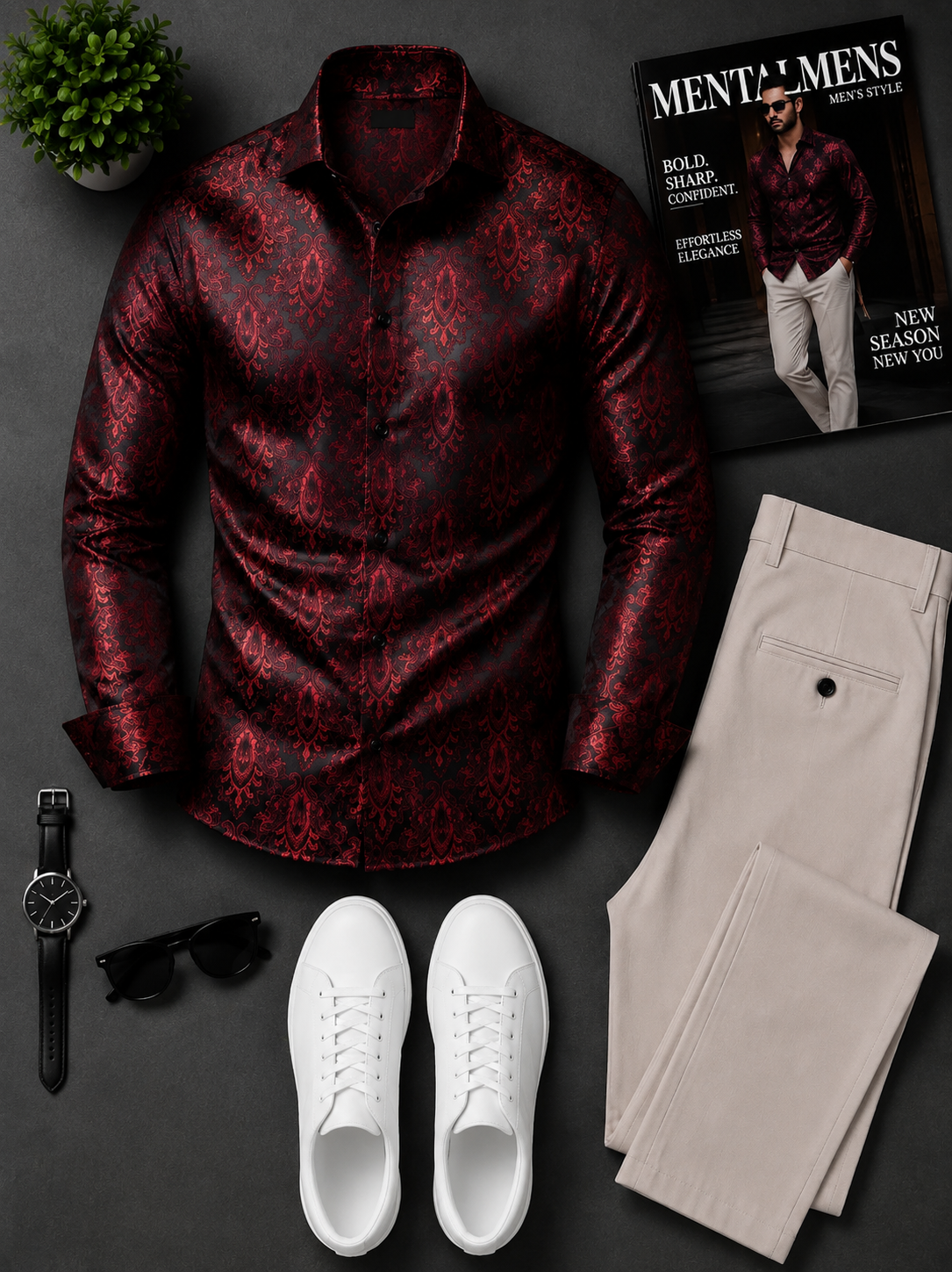 Men's Red Black Paisley Long Sleeves Shirt & Off‑White Chinos Pants Two‑Piece Set
