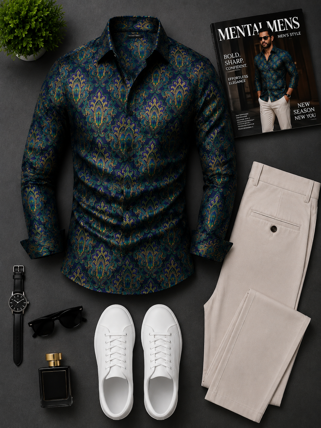 Men's Casual Color Matching Oatmeal Long Sleeves Polo Shirt & Denim Blue Jeans Pants Two Piece Set