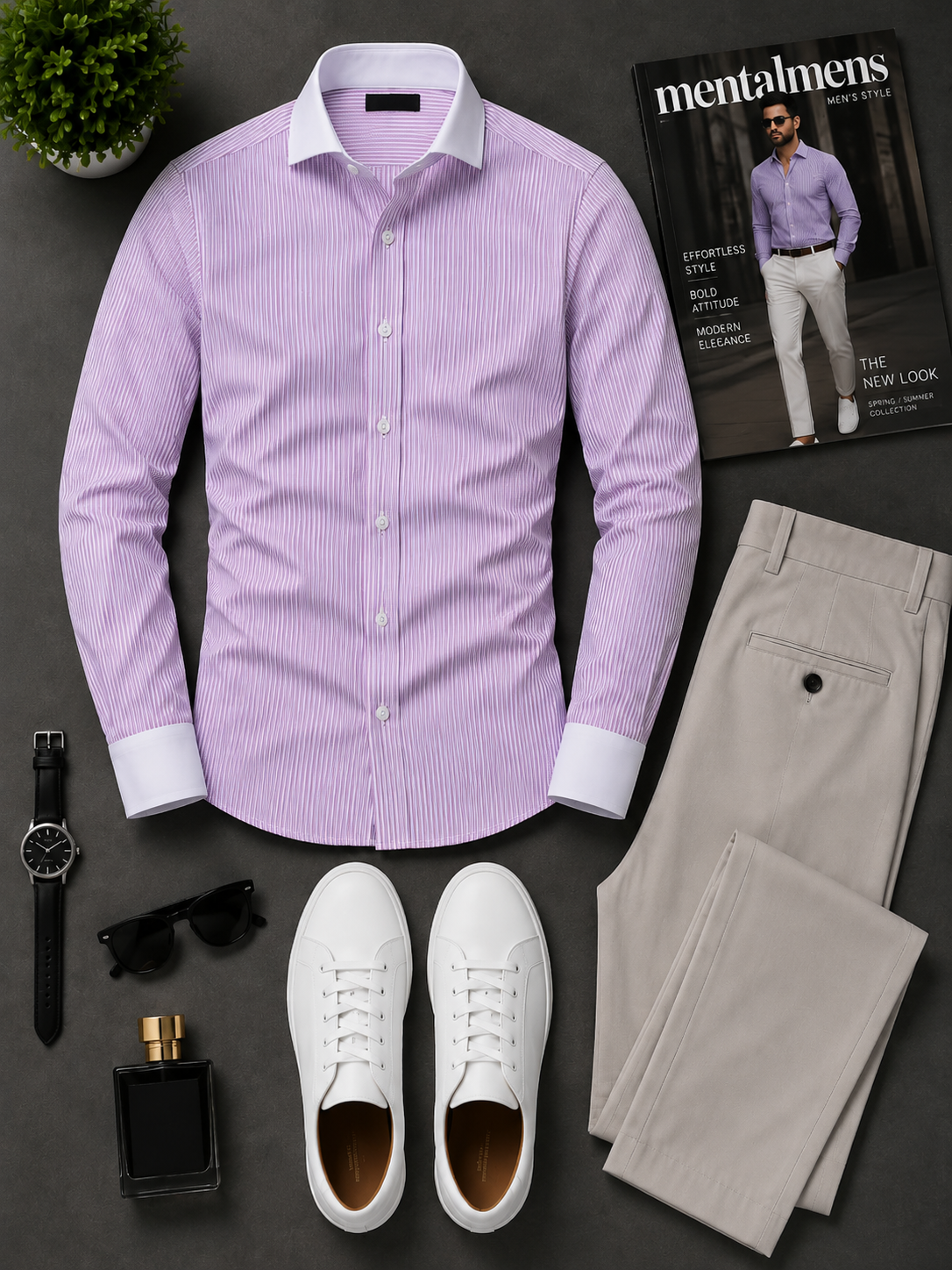 Men's Casual Color Matching Oatmeal Long Sleeves Polo Shirt & Denim Blue Jeans Pants Two Piece Set