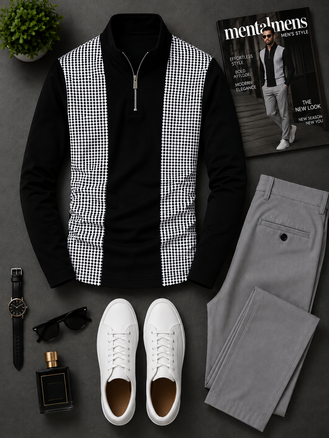 Men's Casual Color Matching Oatmeal Long Sleeves Polo Shirt & Denim Blue Jeans Pants Two Piece Set