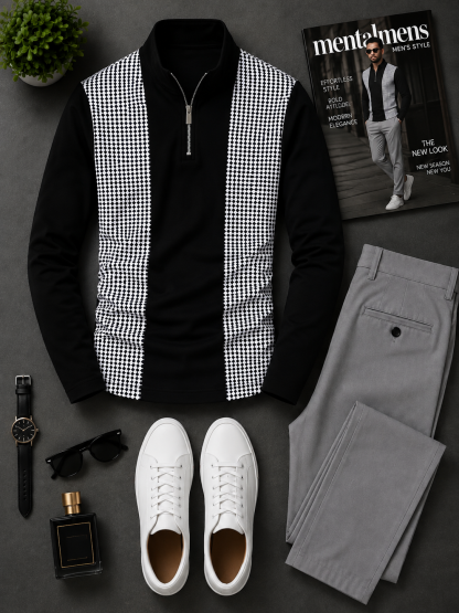 Men's Black‑White Houndstooth Half‑Zip Sweatshirt & Grey Chinos Pants Two‑Piece Set