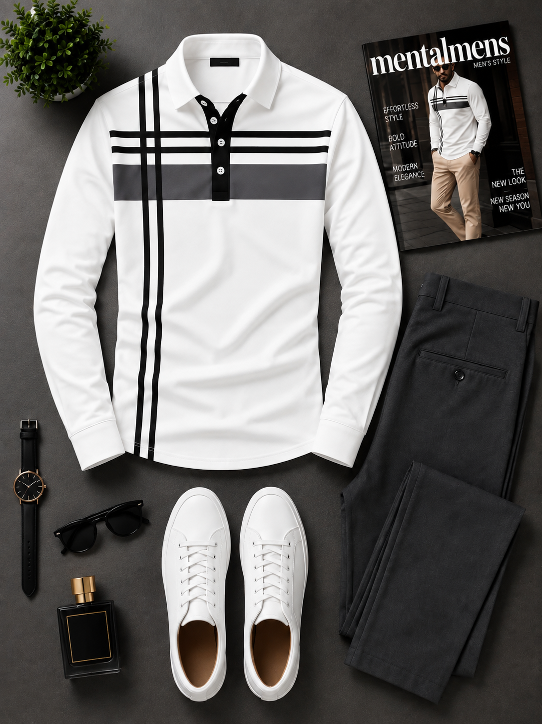 Men's Casual Color Matching Oatmeal Long Sleeves Polo Shirt & Denim Blue Jeans Pants Two Piece Set