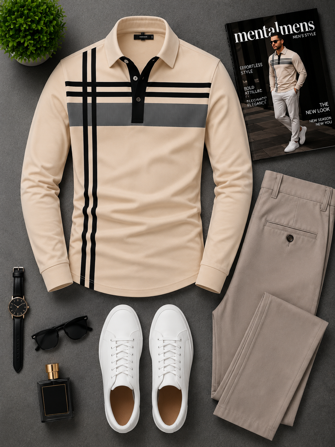 Men's Casual Color Matching Oatmeal Long Sleeves Polo Shirt & Denim Blue Jeans Pants Two Piece Set