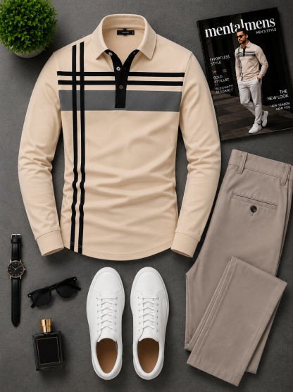 Men's Beige Black Striped Long Sleeves Polo Shirt & Khaki Chinos Pants Two‑Piece Set