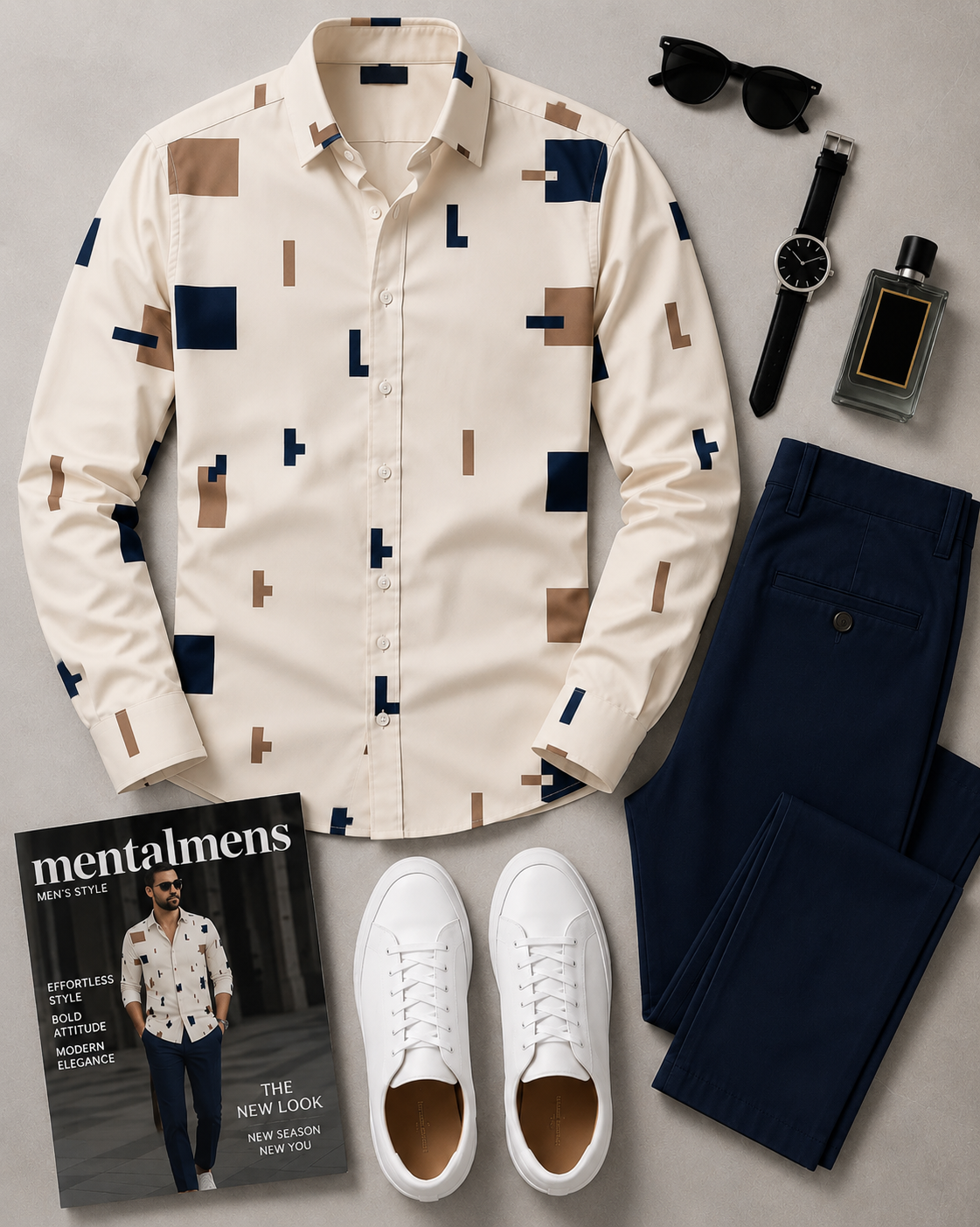 Men's Casual Color Matching Oatmeal Long Sleeves Polo Shirt & Denim Blue Jeans Pants Two Piece Set