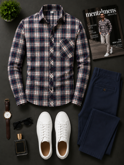 Men's Navy Red Plaid Long Sleeves Shirt & Navy Chinos Pants Two‑Piece Set