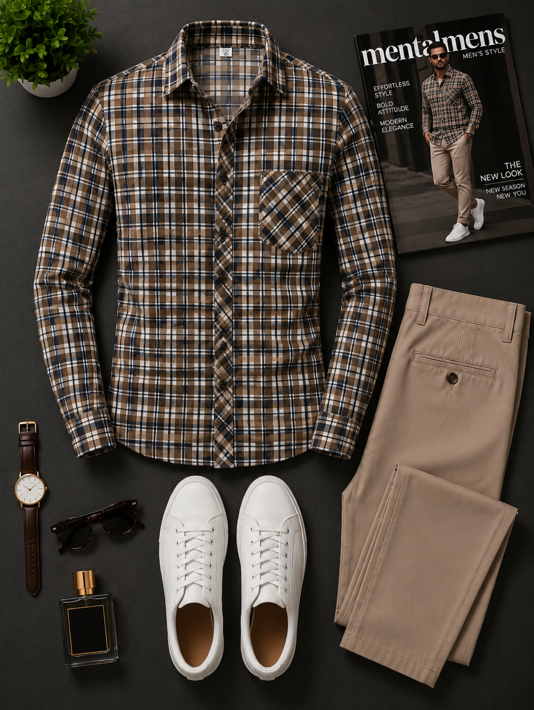 Men's Casual Color Matching Oatmeal Long Sleeves Polo Shirt & Denim Blue Jeans Pants Two Piece Set