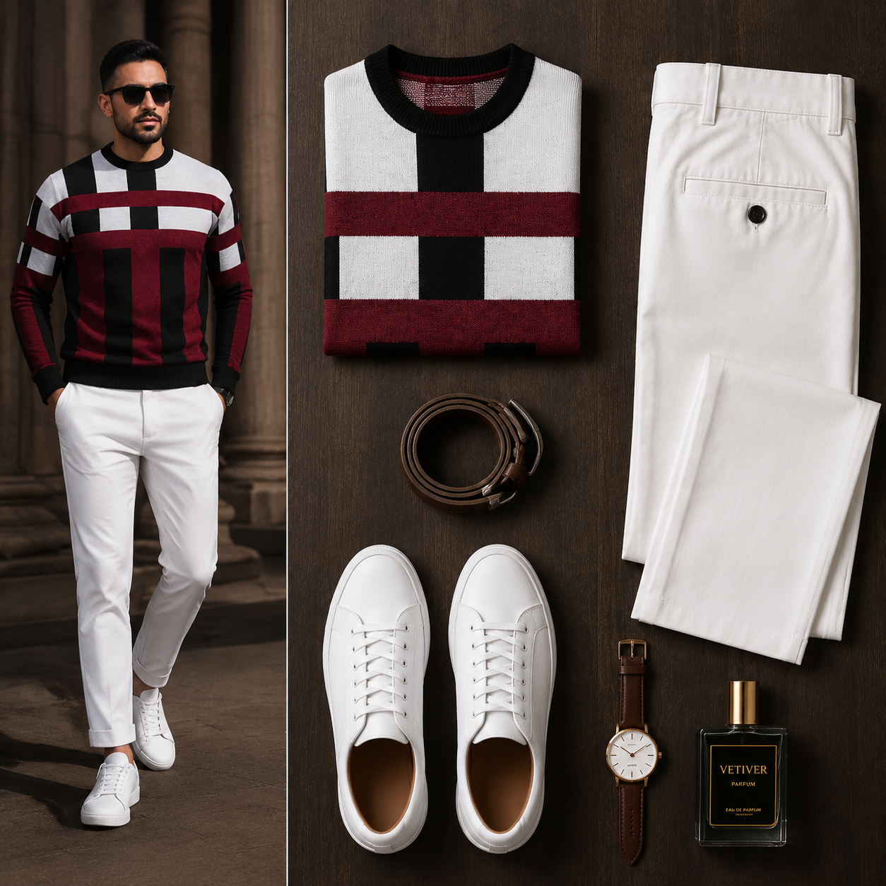 Men's Red Black Striped Long Sleeves Sweater & White Chinos Pants Two‑Piece Set