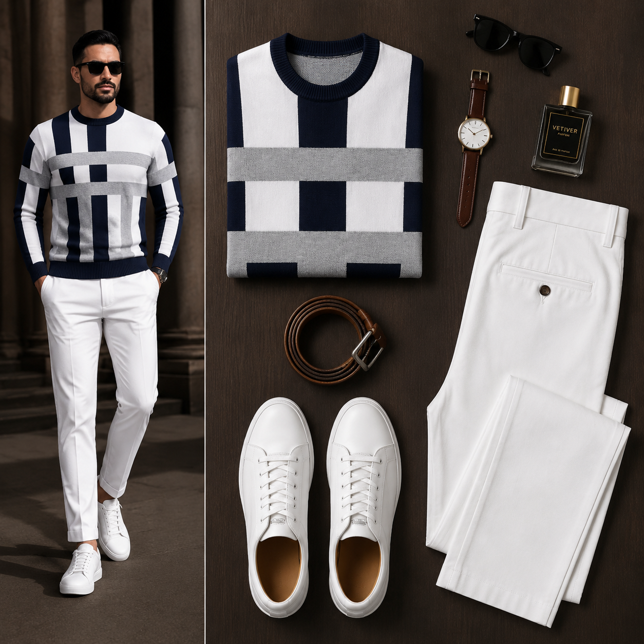Men's Casual Color Matching Oatmeal Long Sleeves Polo Shirt & Denim Blue Jeans Pants Two Piece Set