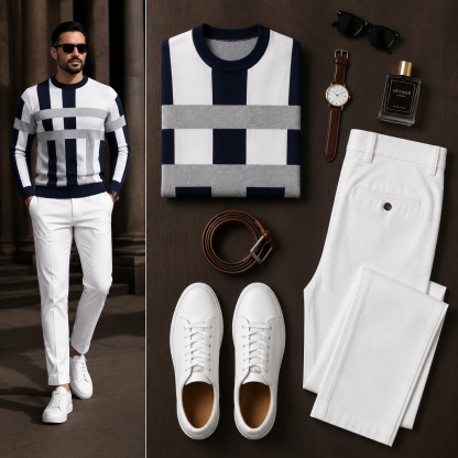 Men's Navy Grey Striped Long Sleeves Sweater & White Chinos Pants Two‑Piece Set