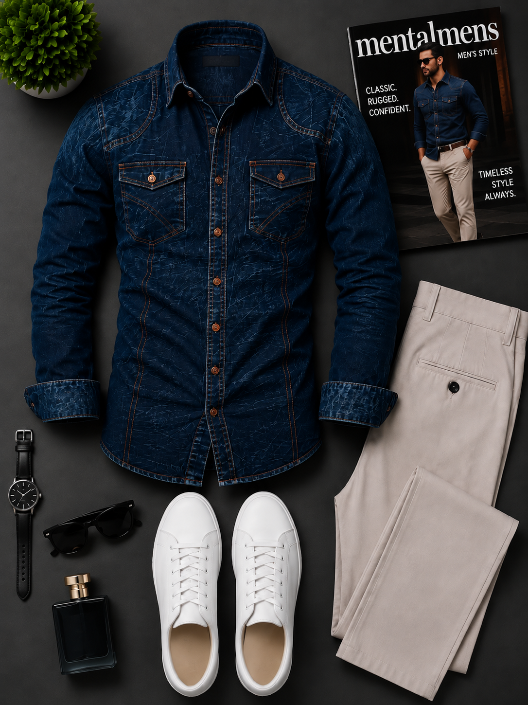 Men's Casual Color Matching Oatmeal Long Sleeves Polo Shirt & Denim Blue Jeans Pants Two Piece Set