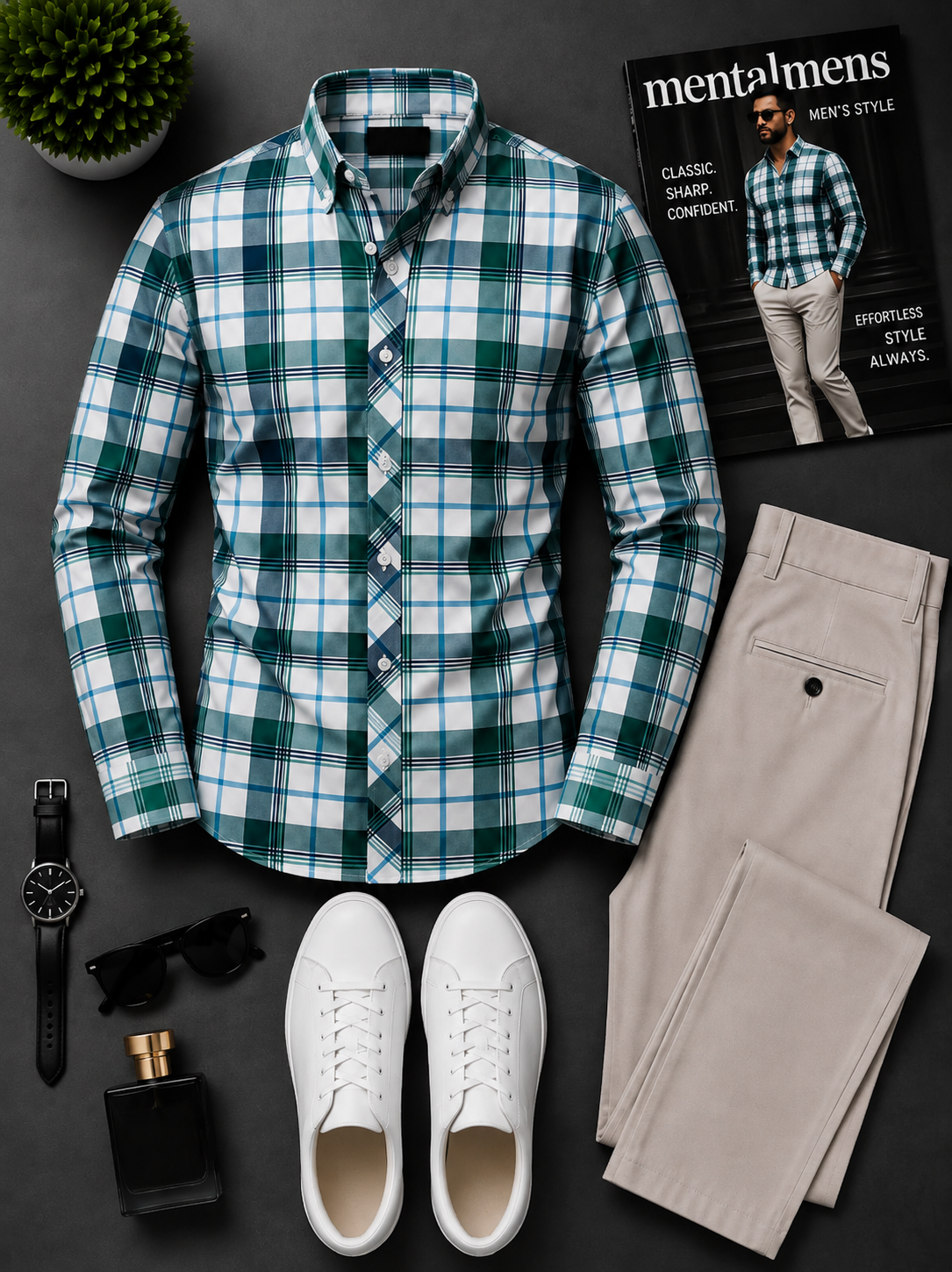 Men's Green White Plaid Long Sleeves Shirt & Light Khaki Chinos Pants Two‑Piece Set
