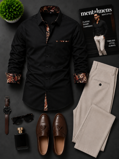 Men's Navy Contrast Cuff Long Sleeves Shirt & Beige Chinos Pants Two‑Piece Set