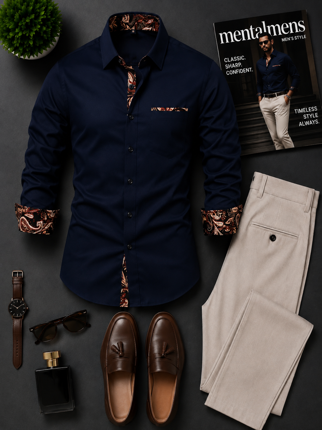 Men's Contrast Paisley Printed Long Sleeves Shirt & Beige Chinos Pants Two‑Piece Set