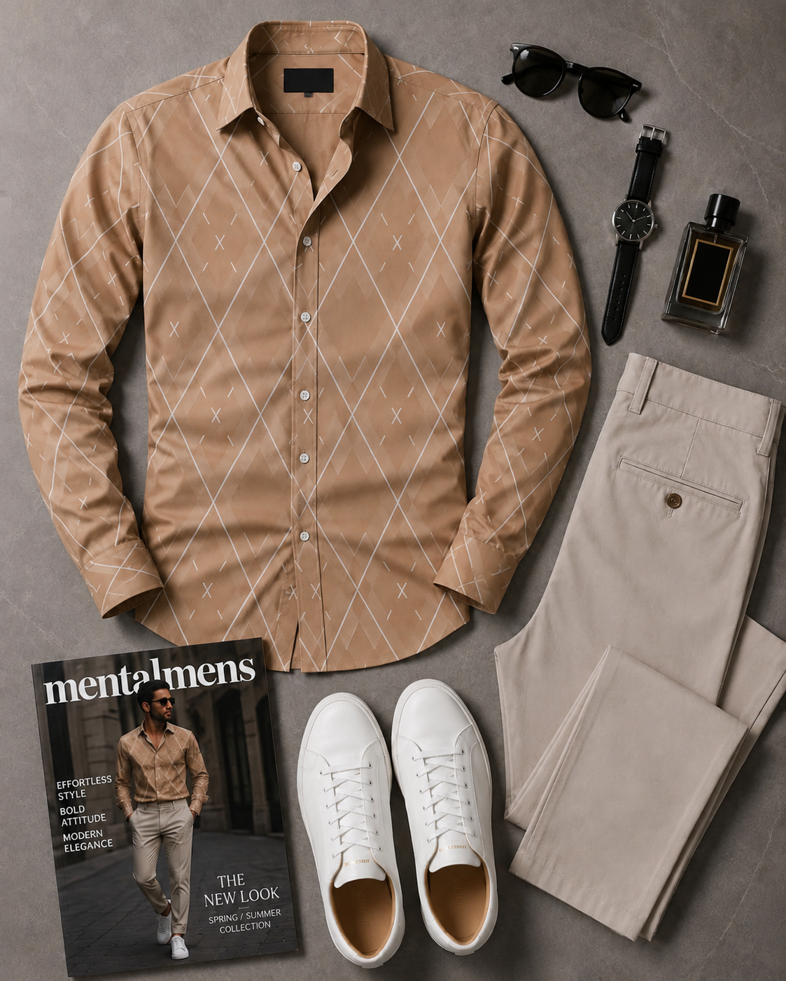 Men's Casual Color Matching Oatmeal Long Sleeves Polo Shirt & Denim Blue Jeans Pants Two Piece Set