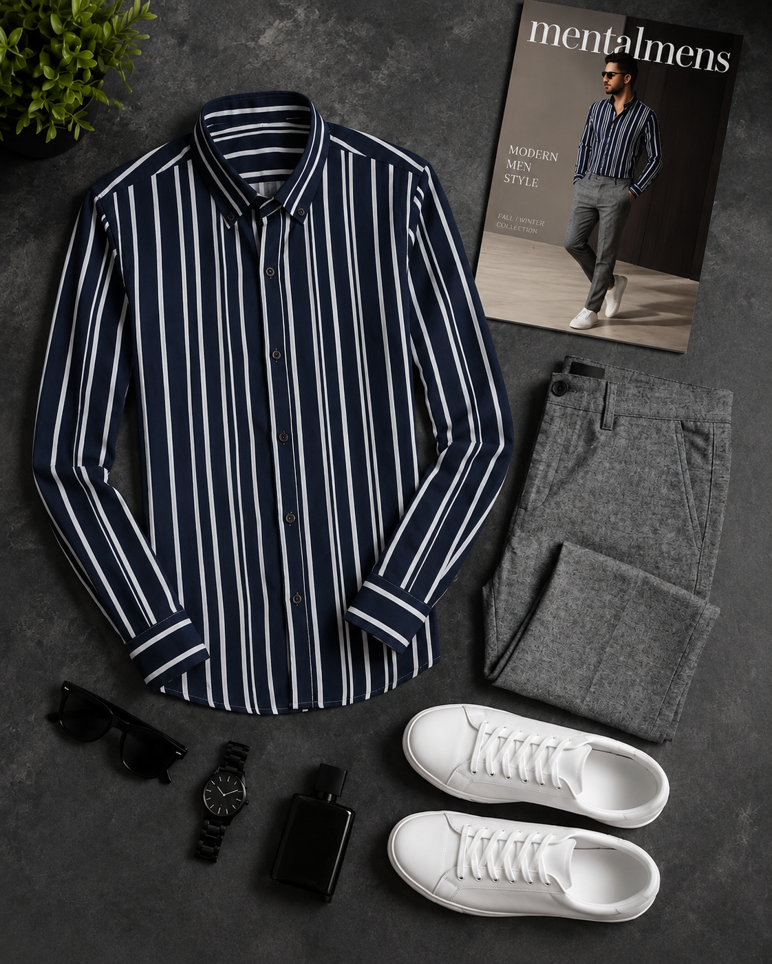 Men's Navy White Striped Long Sleeves Shirt & Grey Chinos Pants Two‑Piece Set