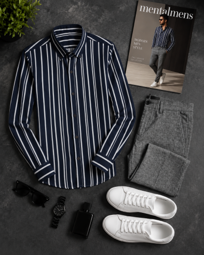 Men's Navy White Striped Long Sleeves Shirt & Grey Chinos Pants Two‑Piece Set