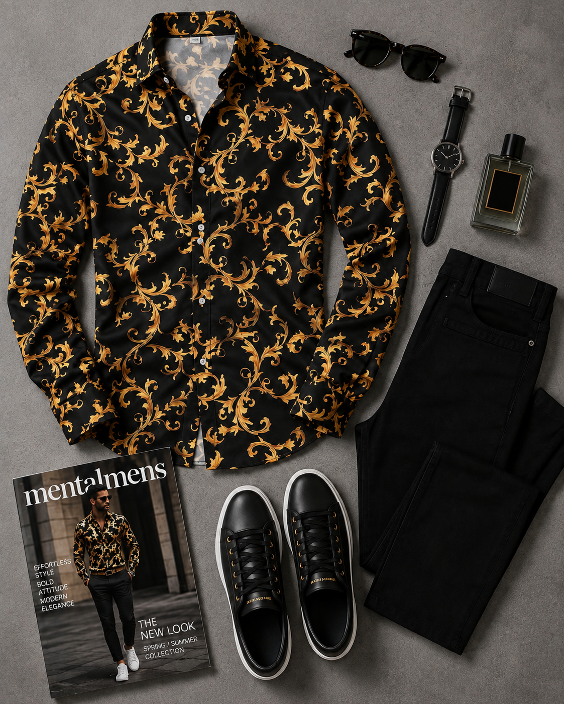 Men's Black Golden Floral Printed Long Sleeves Shirt & Black Chinos Pants Two‑Piece Set